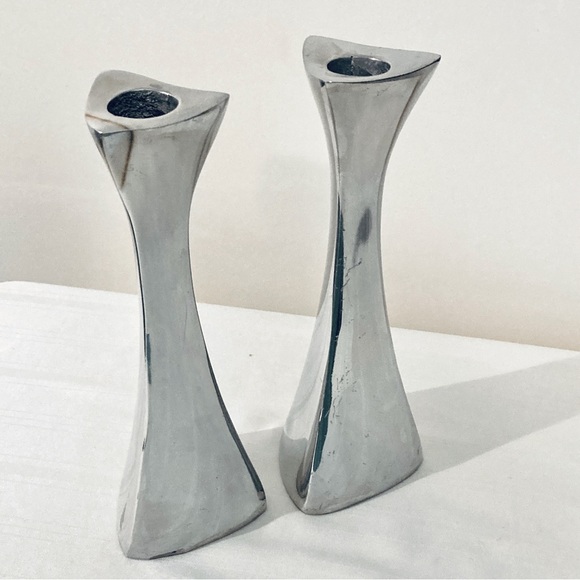 Vintage Nambe 595 Tri-Corner Silver Tone Metal 7” Candleholders - Picture 2 of 7